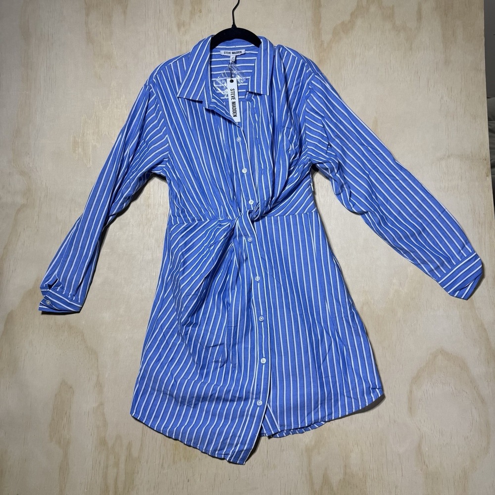Steve Madden Shirt‎ Dress Womens Medium Blue Stripe Tie Front Button Up NWT $79